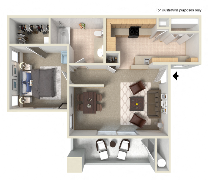 Floor plan for 1 bed, 1 bath, 738 sqft
